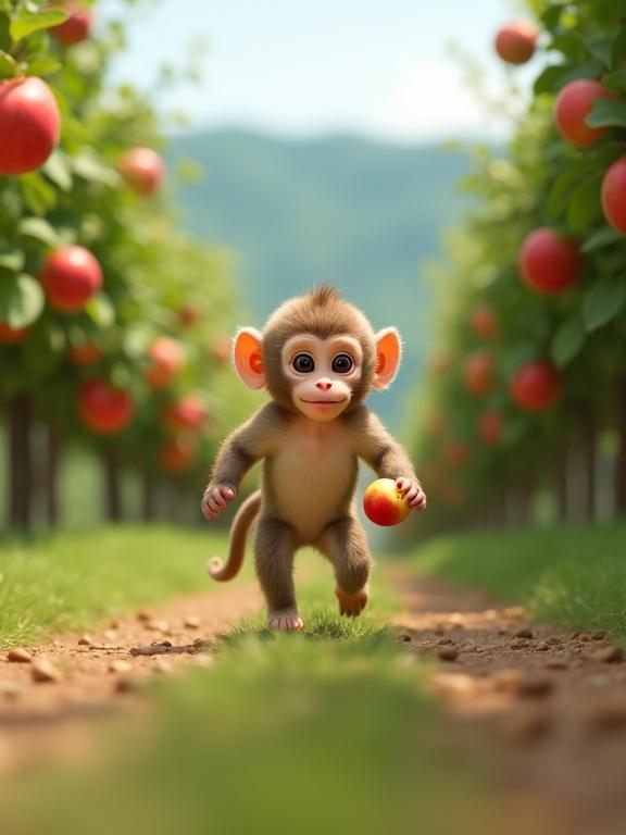 Scene in an apple orchard with a young monkey running while holding an apple. The monkey has light brown fur and a beige face. It shows expressive eyes and visible ears. The orchard path filled with apple trees is in the background. Soft daylight illuminates the scene with green hills in the distance.