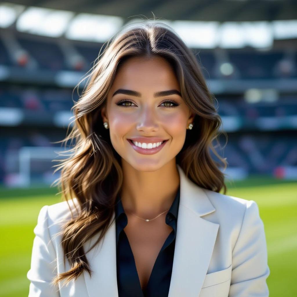Create a stunning young French woman with delicate features. She has a fair complexion with smooth velvety skin. She is a 26-year-old football club manager with medium blonde hair. She is dressed in professional attire and is standing on a football field.