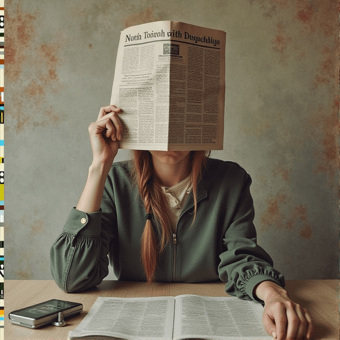 A person holding a newspaper in front of their face while sitting at a table with an open book and a smartphone.