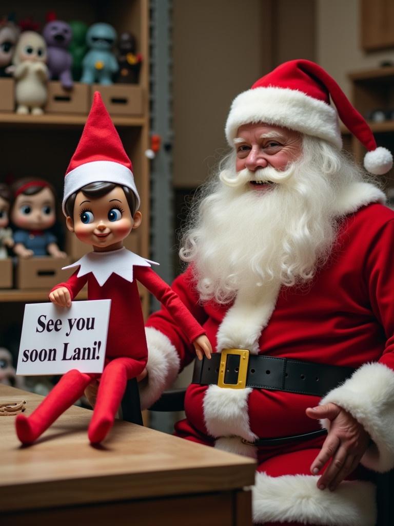 Elf on the shelf in red outfit with sign saying ‘See you soon Lani!’ sitting with Santa in a cozy workshop. Funko Pops in background.