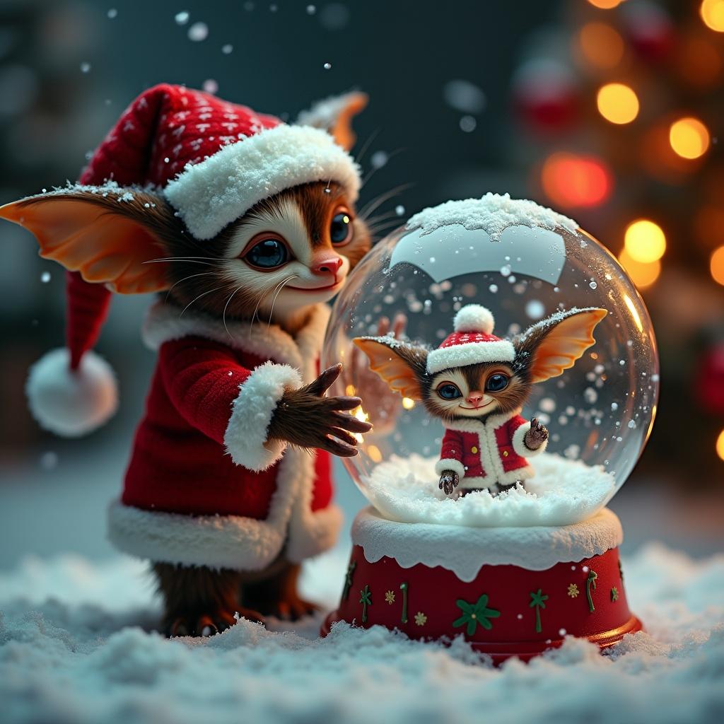 Christmas scene with Gizmo from Gremlins holding a snowy empty snow globe. Festive elements and soft lighting create a holiday atmosphere. Focus on Gizmo's expression and the snow globe.