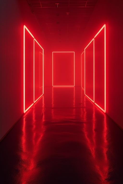 A hallway with glowing dark red neon light outlines. A futuristic atmosphere with reflective floor.