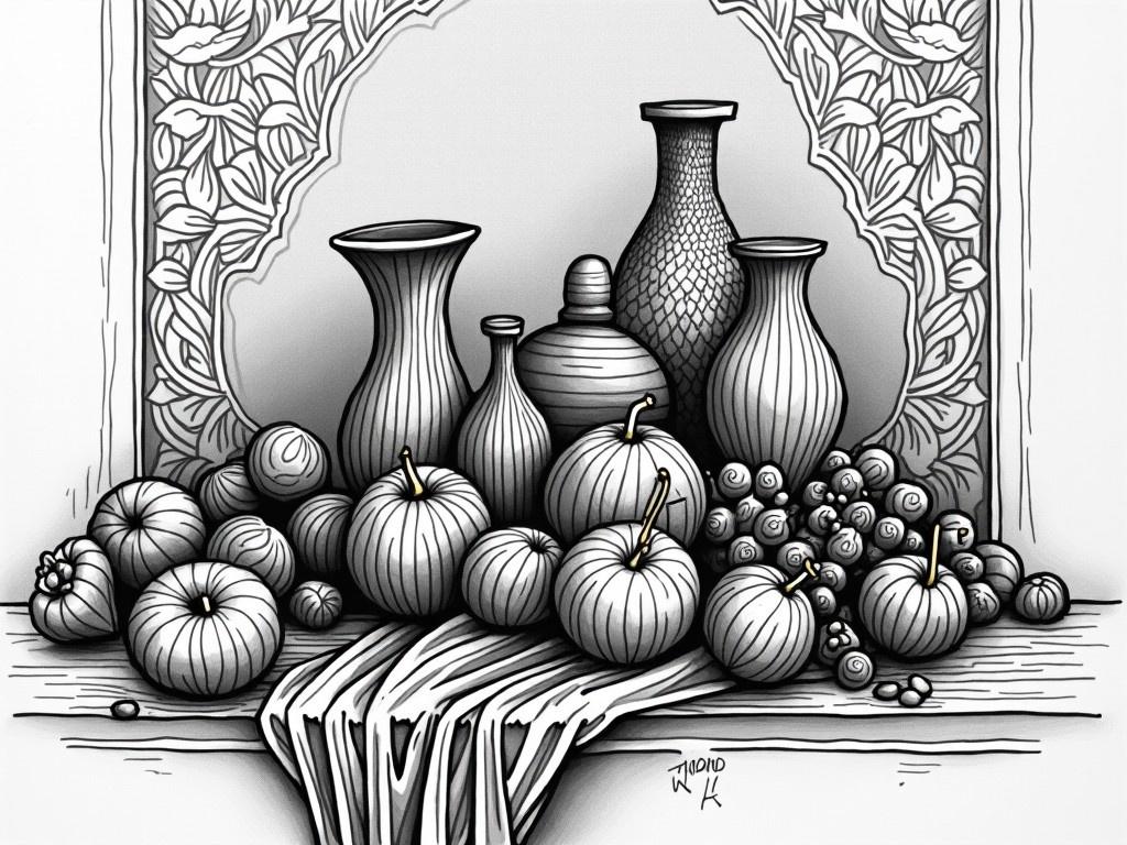 A black-and-white stylized drawing created with markers and liners. The composition includes various objects like vases, fruits, and a textured fabric. The elements are arranged on a surface, complemented by intricate patterns in the background. The lines are bold and expressive, creating a dynamic visual appeal. The contrasts in shading enhance the depth of the drawing, making the objects stand out. This artwork combines realism and abstraction harmoniously.