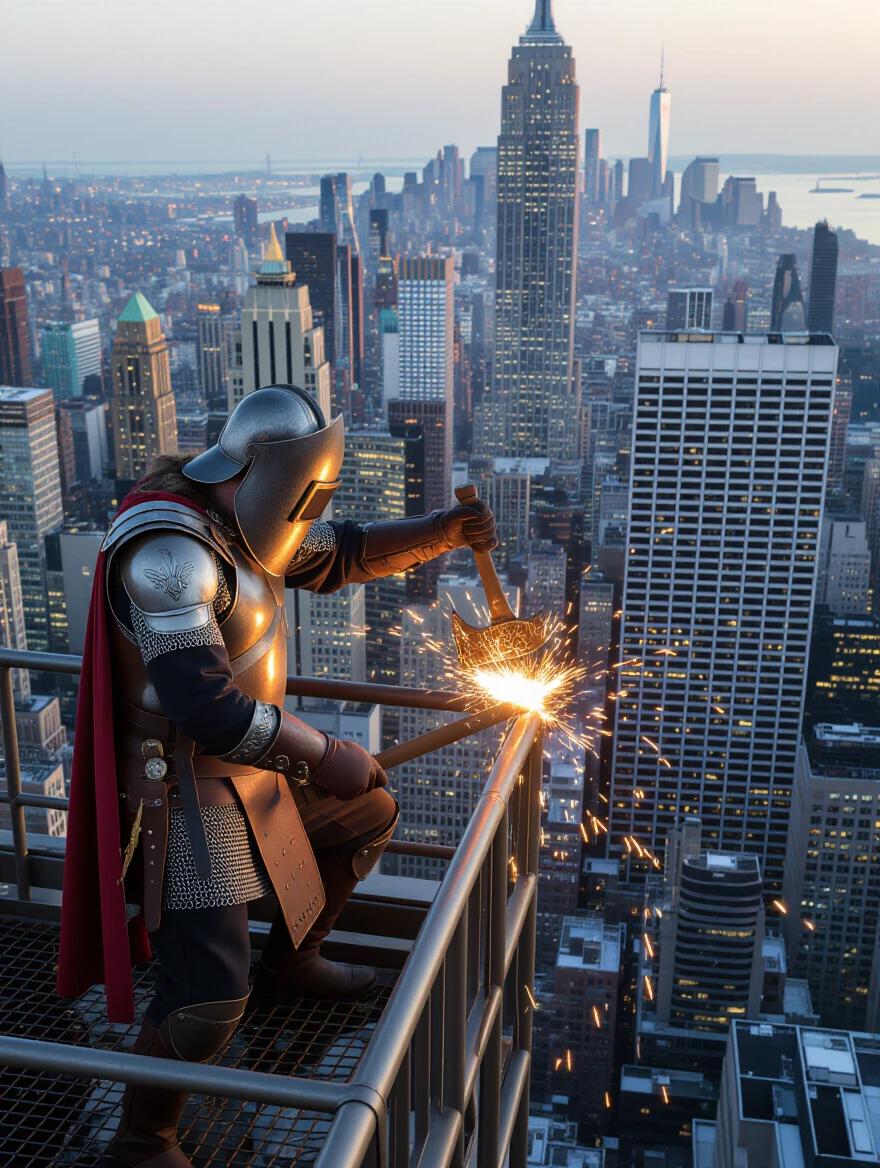 Viking character on top of the Empire State Building engaging in welding activity. Sparks flying from the axe being worked on. New York City skyline in the background during sunset.