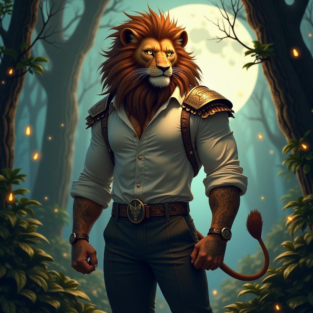 Humanoid lion character as modern business avatar with confident expression. Features human-like attributes and a lion's mane. Dressed in a slim-fit shirt with rolled-up sleeves showing forearm tattoos. Strong and charismatic physique. Upper body view in an ancient forest with mystical ambiance. Creature with flowing mane and glowing golden eyes, wearing tribal armor adorned with feathers and gemstones.