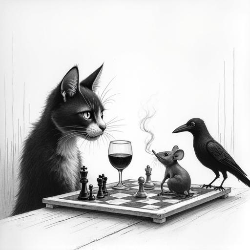 Leonard Baskin style black and white pencil sketch. Cat plays chess with mouse. Crow observes the game. Cat enjoys wine. Mouse smokes a cigarette.