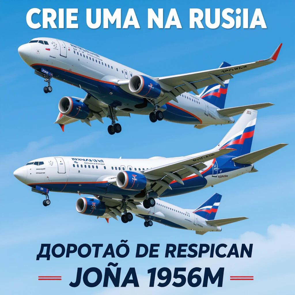 Image depicting airplanes in flight against a clear blue sky. Focus on aircraft models with distinct colors. Text features slogans in Portuguese and Russian languages.