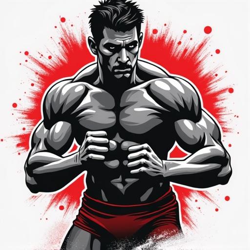 Graphic design featuring a muscular athlete in a strong pose with a red and black color scheme. Ideal for high school wrestling team branding or mascot.