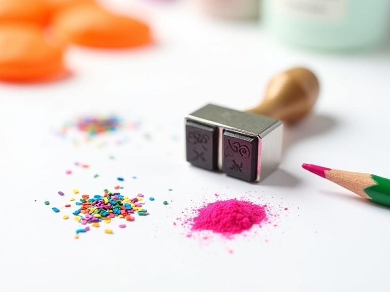 Close-up view of white surface with art supplies. Metal stamp with two rectangular ink pads. Green pencil with pink eraser tip. Small piles of colorful multicolored glitter and bright pink powder. Objects arranged slightly scattered. Background with out-of-focus orange shapes. Bright and vibrant colors. Shallow depth of field. Sharp focus on stamp and pencil. Soft focus on glitter and powder. Daylight lighting. Simple and clean composition. Artistic and creative theme. Studio shot. High quality.