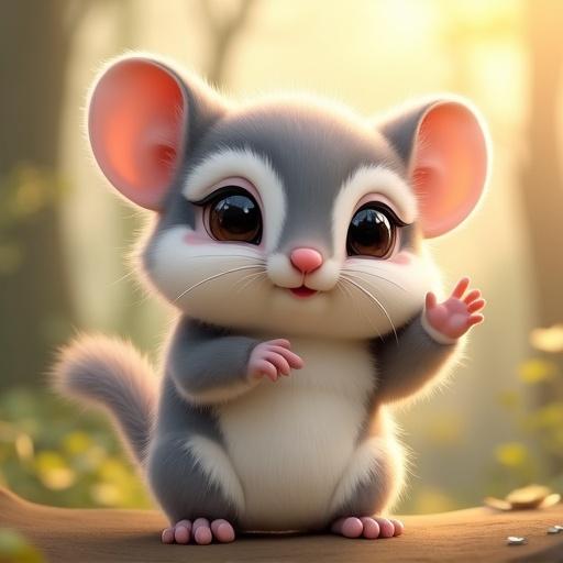 A cute Ezo Momonga standing upright with large round black eyes. Soft gray and white fur with a small pink nose. Waving enthusiastically with its right hand. Background is a natural woodland setting with gentle lighting. Highly detailed and realistic style focusing on the waving gesture and fluffy texture of the fur.