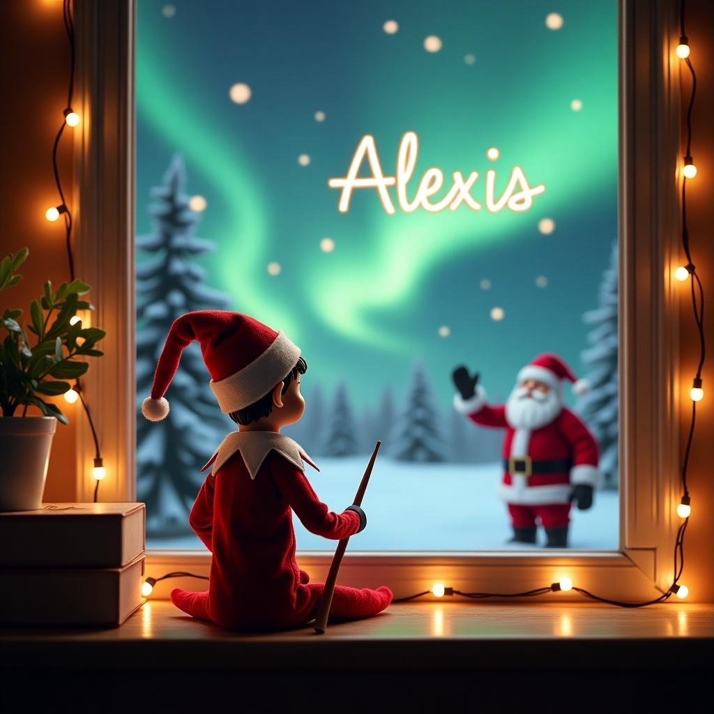 The image depicts a cozy Christmas scene featuring an elf on the shelf. The elf sits with its back to the viewer, holding a wand and writing 'Alexis' in the sky. Outside the window, a magical winter landscape unfolds, accented by sparkling northern lights. Santa Claus can be seen in the background, waving. The festive atmosphere is enhanced by warm lighting from string lights. The elf wears a traditional red suit and hat, embodying the spirit of Christmas. This enchanting setting captures the wonder of the holiday season.