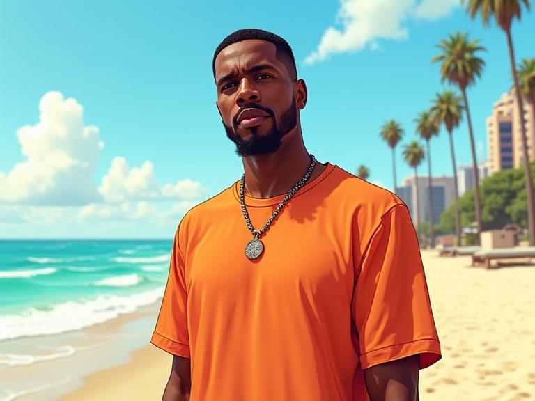 A Black male rapper stands confidently on a beach. Bright ocean waves crash on the shore. Palm trees line the background. The rapper wears a solid orange t-shirt with no prints. The illustration has a cartoonish yet realistic style. The scene captures the sunny atmosphere of a Los Angeles beach. The colors are vivid and saturated. The overall composition is dynamic and engaging.