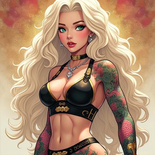 Anime style illustration of a 52-year-old woman with emerald green eyes and oversized light blonde hair. She wears elegant jewelry, equipped with a muscular physique and modern athleticwear. Showcases colorful Japanese tattoos on her arm and features a cybernetic leg. The setting is a vibrant, futuristic magazine cover.