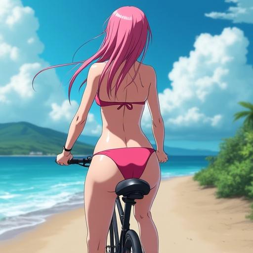 Rear view of a girl with pink hair wearing a bikini riding a race bicycle along a beach.
