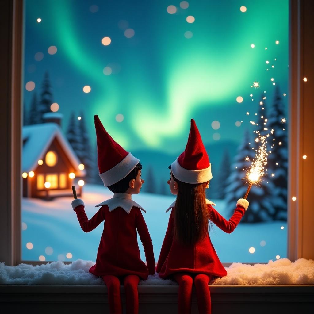 A boy and girl elf sit with their back to the viewer. They gaze skyward holding a glowing wand. The scene is a charming snowy landscape with colorful northern lights. A cozy house is visible. The image embodies the magic and wonder of Christmas. The names Maddyson and Abigale appear in the air.