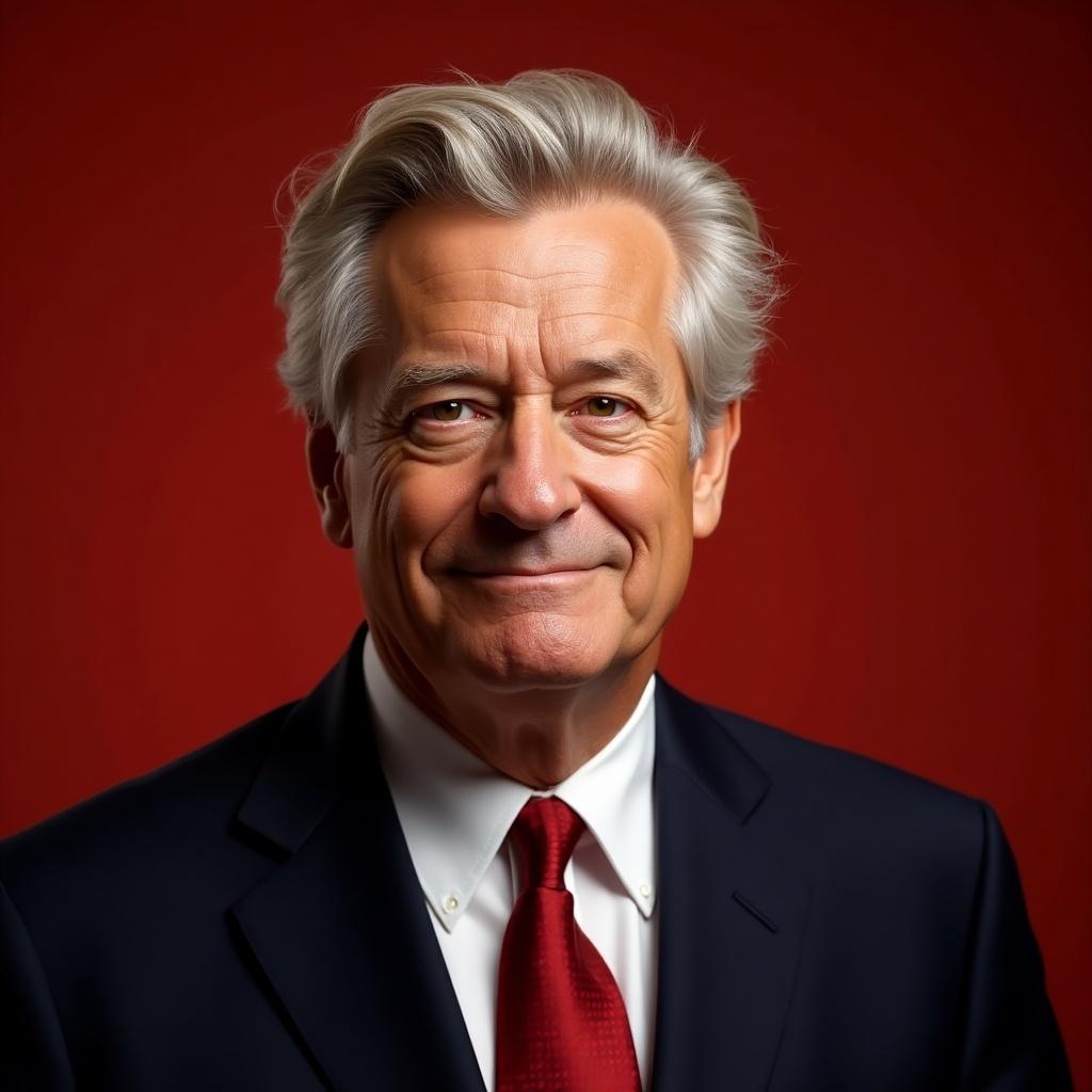 Formal portrait of a political figure against a red background. Subject wears a suit and tie. A confident expression prevails.