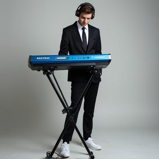 Young man with normal build stands confidently. Height is 1.82m. Weight is 82kg. Dressed in black suit and tie. Wearing white sneakers. Playing blue Nord Stage 4 synthesizer. Focus on music performance.