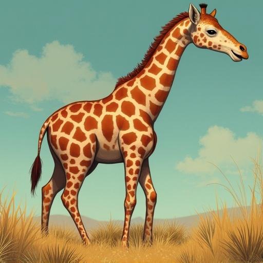 Generated illustration of a standing giraffe in a natural setting with a playful expression