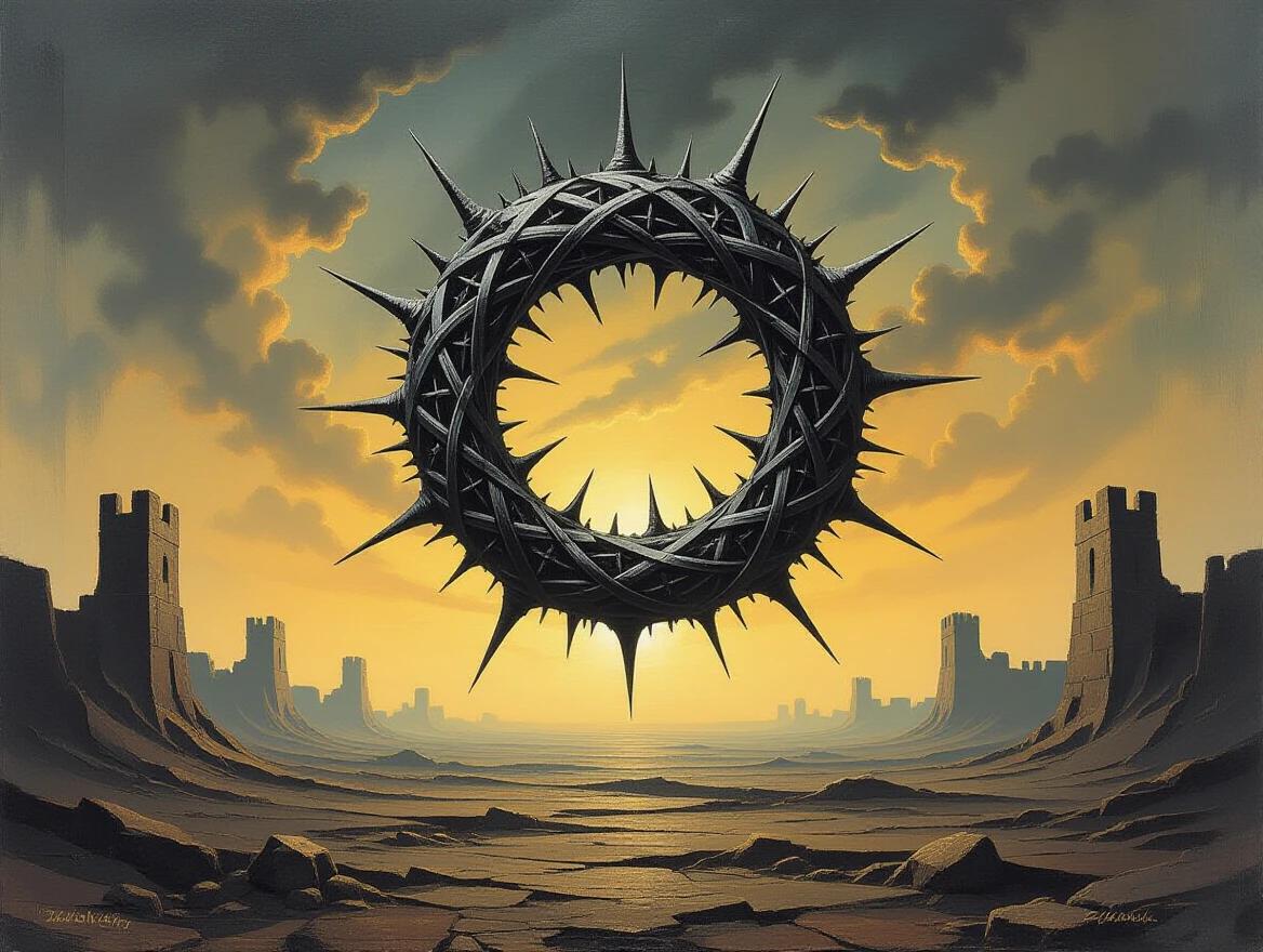 A sculptural oil painting showing dystopian landscape. An aggressive abstract calligraphic form floats. It is a lattice of thorns with fluid curves. The form has no human features. Thick coarse matte oil paint is used with no metallic sheen.