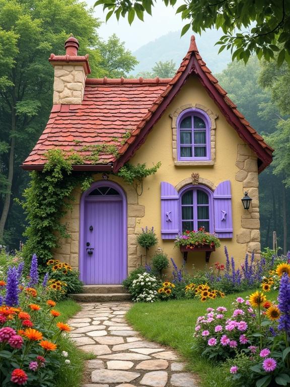 Charming cottage with whimsical colorful design. Cottage built from light-yellow stone has red tiled roof with moss. Lavender shutters frame windows with flower boxes. Lavender door enhances fairytale appearance. Surrounding garden filled with vibrant flowers and stone pathway winding through greenery. Scene exudes magic and tranquility.