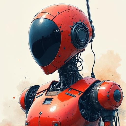 Album cover features a punk robot depicted in a watercolor style. Character has a glossy black visor and a vibrant red body with intricate mechanical details. Background is soft and splattered with watercolor tones to enhance the artistic feel.