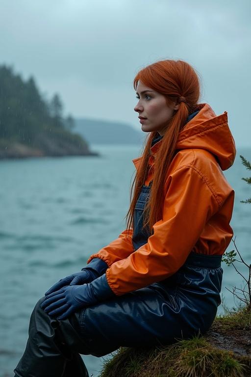 Young woman with long red hair sits on a cliff overlooking the cold sea. She wears an orange mackintosh and navy blue latex dungarees. It is torrential rain with storm clouds in the background. She looks wistfully at the sea while soaked.
