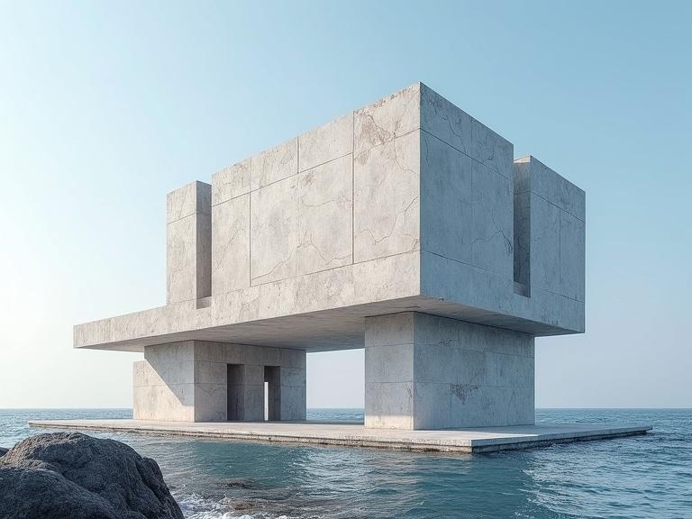 Image of a grandiose abstract architectural structure sitting on water. It features stone slabs and marble. The scene includes an ocean backdrop, clear sky, and visible horizon with sea rocks.