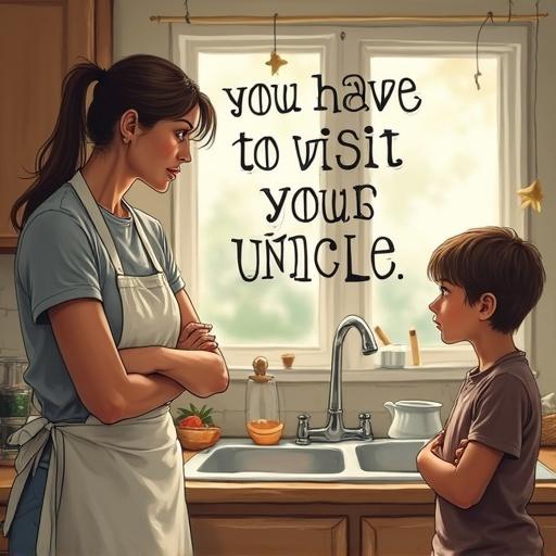 A mother stands in the kitchen. She has her arms crossed. She is wearing an apron. She looks sternly at her son. The kitchen sink is full of dishes. Bold letters above them say 'You have to visit your uncle.'