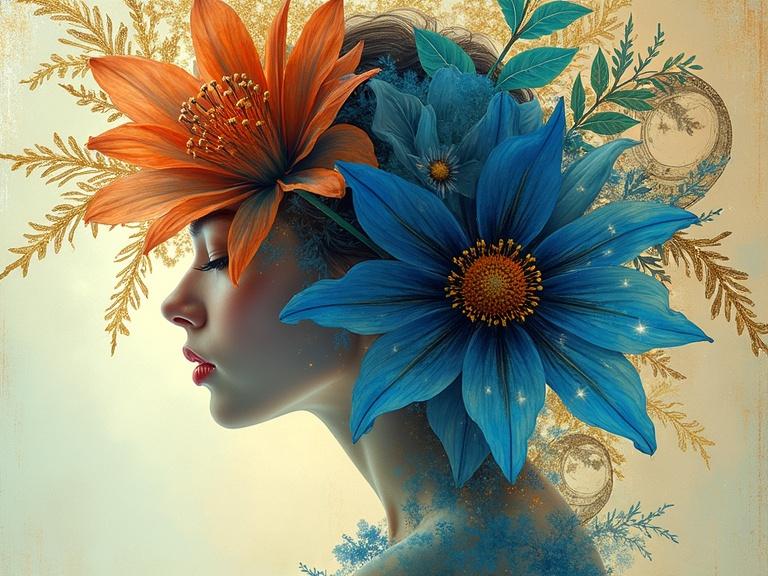 A double exposure of a woman's profile blended with vibrant blue flowers and coral orange accents. Flowers display deep indigo centers fading to light teal tips with intricate golden stamen. Background features glassy swirls in contrasting colors of gold, orange, teal, and indigo. Detailed leaves in various green and gold hues radiate beautifully. The overall composition is colorful and sparkling with high resolution.