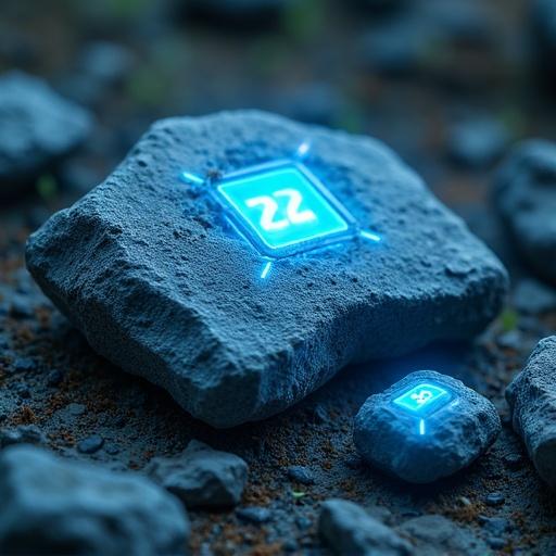 Crumpled dungeon stones with ethereal blue lights resembling system notifications and a low-rank mana stone nearby.
