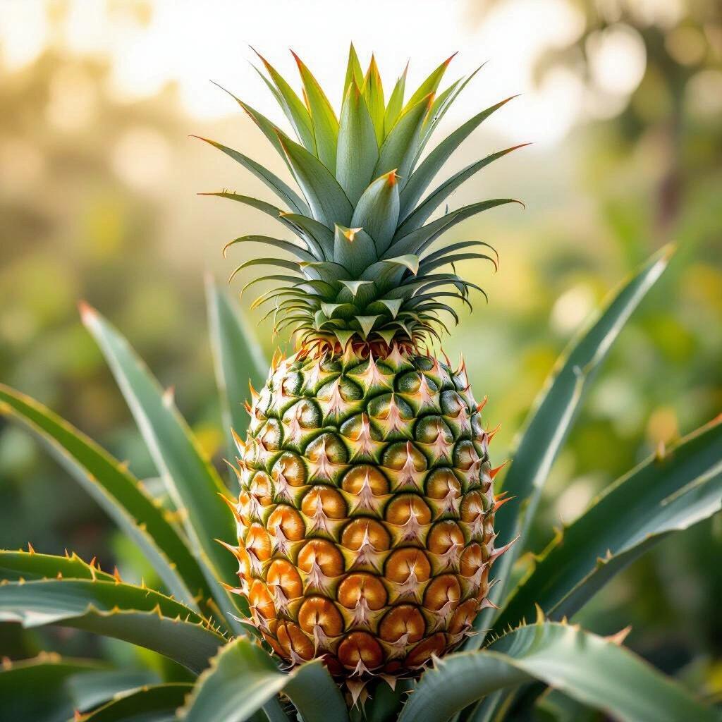 A pineapple with a spiky crown and textured rind glows in soft light. The skin shifts from golden ochre to deep green. Each dimpled segment showcases its complexity. The leafy top bursts outward in jagged green fronds. The surface gleams with a sticky sheen, hinting at its syrupy nectar. It evokes summer and exotic environments.