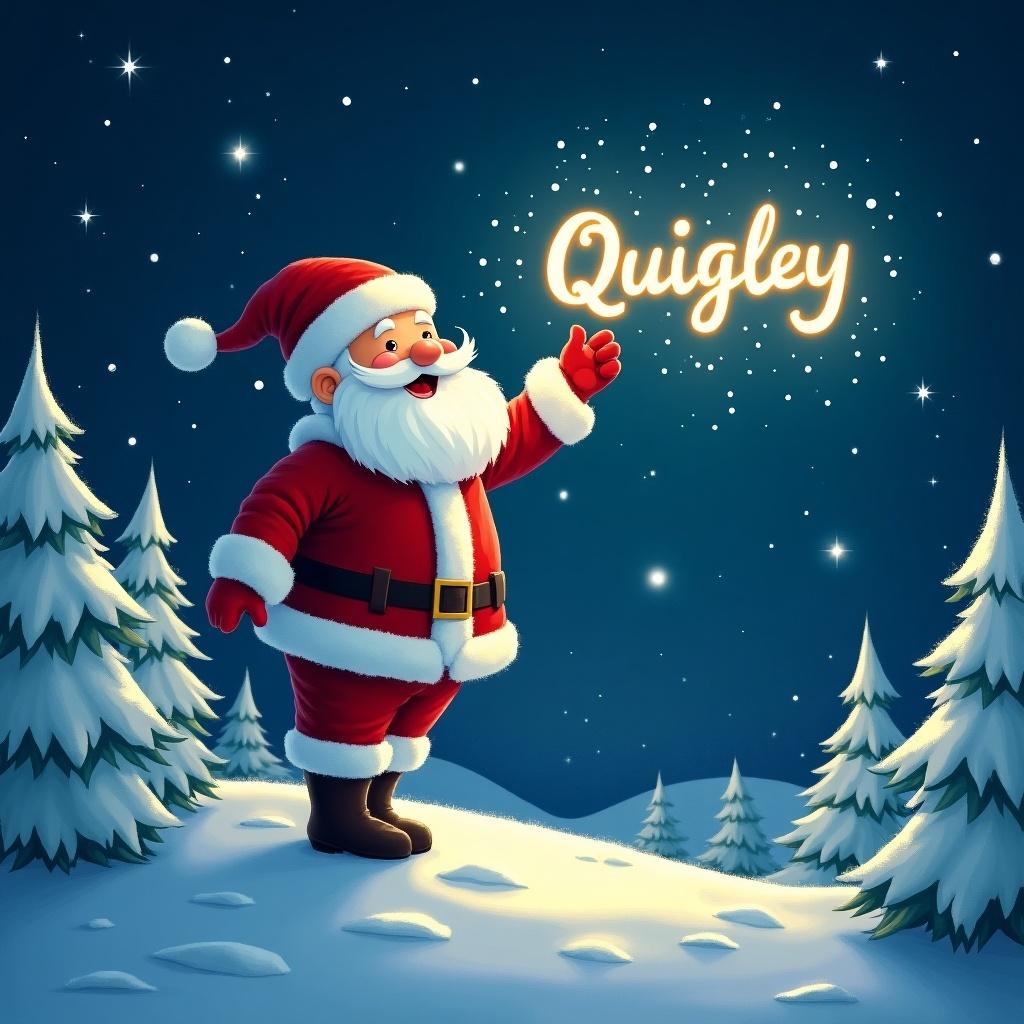 A magical scene featuring Santa Claus standing on a snowy hill at night. Santa is cheerfully writing the name 'Quigley' in the starry sky with a soft glowing light. The landscape is dotted with snow-covered trees, enhancing the festive atmosphere. Stars twinkle brightly in the background, adding to the enchantment of the scene. The overall vibe is cheerful and whimsical, perfectly embodying the spirit of Christmas.