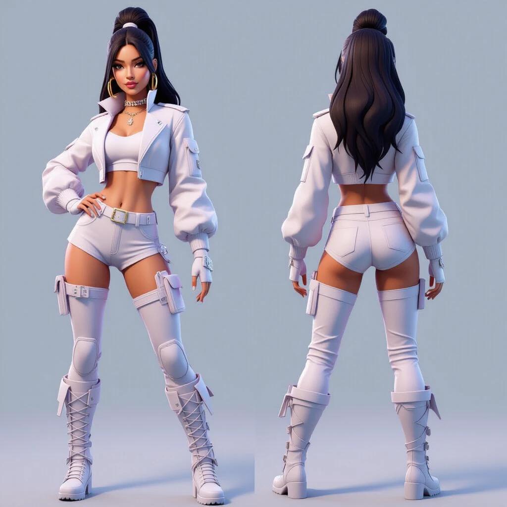 Create a female skin for Fortnite inspired by extravagant and bold style of Ariana Grande. Character features a modern musical look with oversized and unusual high fashion clothing. Displays entire body in 3D on white background.