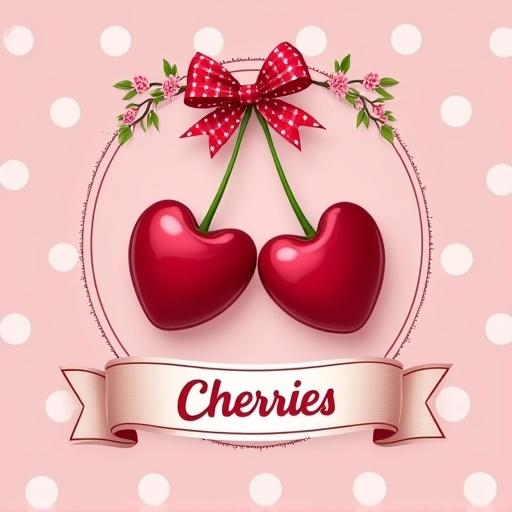 A cute pair of heart-shaped cherries on light pink background with white polka dots. A red and white ribbon goes around the border with a big bow on top. Cherry blossoms go across the top. A banner has the word Cherries written on it.