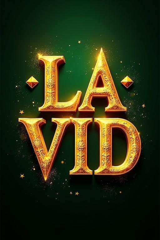 Richly embellished golden letters spelling 'LA VID' against a dark green background. Intricate designs adorn the letters. Glowing particle effects are visible. Attention drawn to detail and elegance.