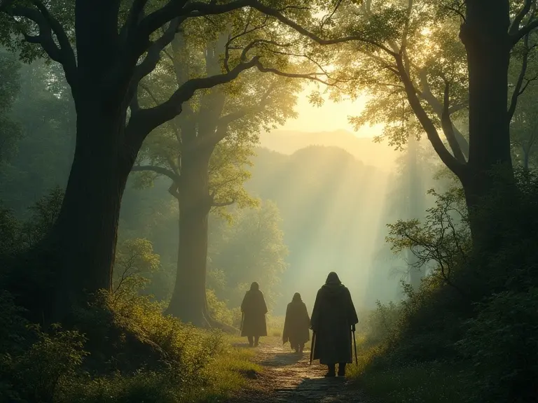 Misty enchanted forest at dawn. Ancient trees towering overhead. Golden light filtering through leaves. Group of cloaked travelers along a winding path. Distant mountains in background. Atmosphere of mystery and magic.