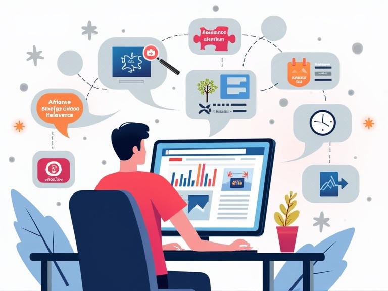 Dynamic digital illustration shows YouTuber at desk with laptop open to YouTube analytics. Floating icons depict key concepts for SEO. Magnifying glass symbolizes keyword research. Growing tree is labeled Audience Retention. Puzzle pieces connect for algorithm relevance. Glowing video thumbnail represents attention. Speech bubble filled with hashtags shows tags usage. Mountain peak is labeled Ranking. Clock represents watch time. Brain symbolizes YouTube algorithm. Background hints at Google Trends graphs and comment sections. Clean, tech-inspired style with vibrant colors and soft gradients.