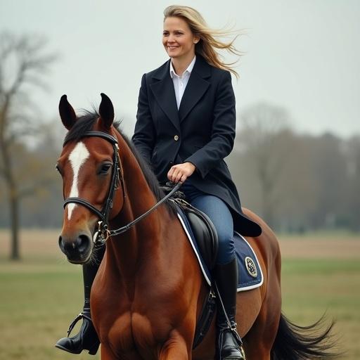 A woman riding a brown horse in a natural setting. She is wearing equestrian attire and has a confident smile. The horse looks strong and is in movement. The environment is grassy with trees in the background.