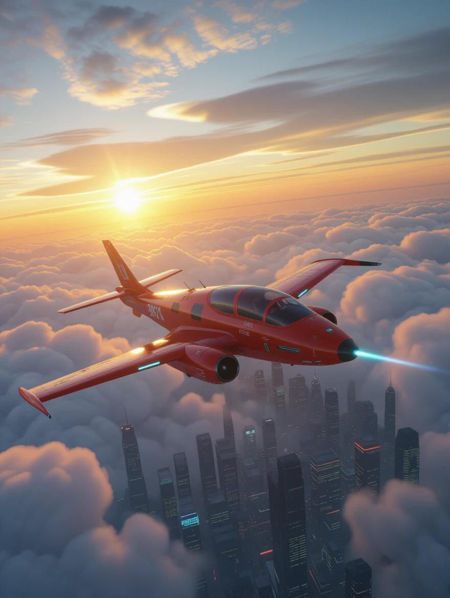 A medium-sized red aircraft flies over a dense metropolis. The scene depicts a cyberpunk inspiration. The plane moves high among billowing clouds. The sun sets in the background, casting a warm glow. Image captures ultra-realistic cinema styling and enhanced cinematic effects.