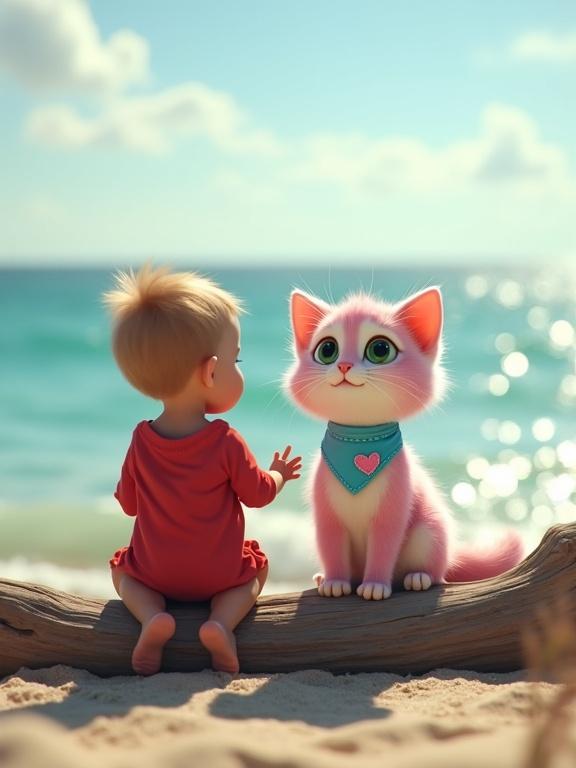 Cinematic wide shot of peaceful shore. Small baby in red clothing and fluffy anthropomorphic kitten sit on driftwood. Kitten has pastel pink lavender fur and light blue bandana. Soft features and expressive eyes. Baby reaches for bandana. Ocean sparkles under clear sky.