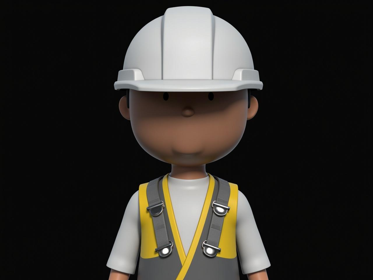 The image features a 3D-rendered character resembling a construction worker. This worker wears a white hard hat and a safety vest with yellow straps over a plain white shirt. The vest is grey and features shiny metallic clips. The character's face is blurred, so their features are not visible. He appears to be standing against a plain black background, emphasizing the details of his outfit. The overall style is cartoonish and colorful.