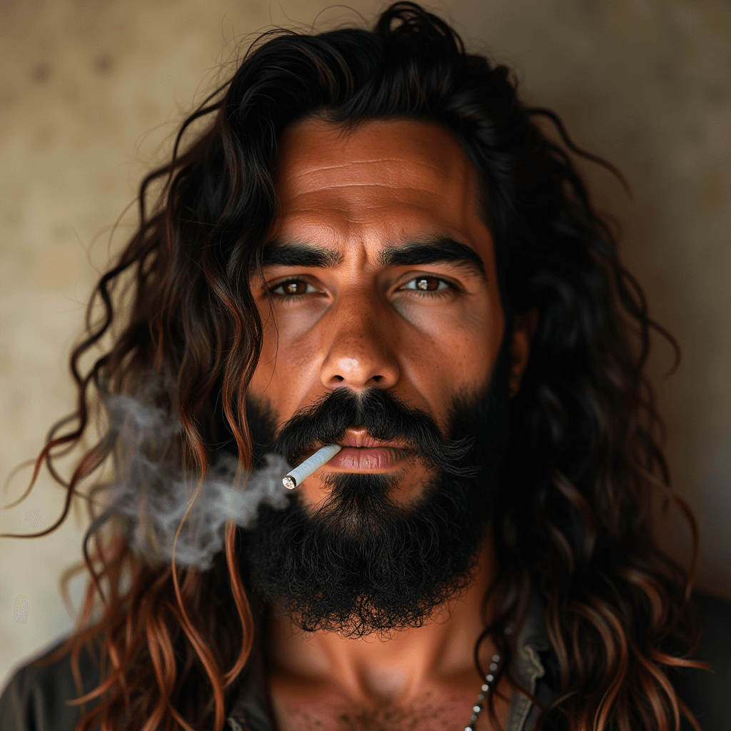 A man with long hair and a beard exhaling smoke from a cigarette.