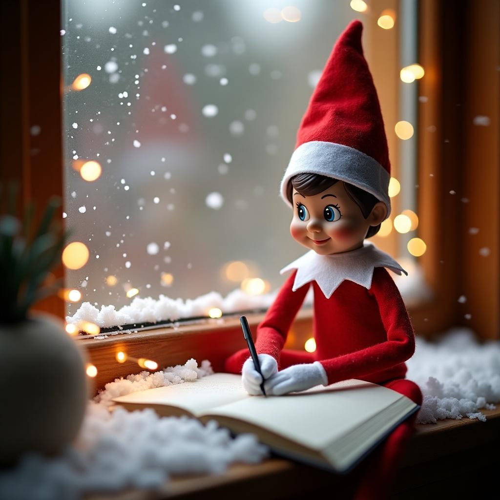 Joyful Elf on the Shelf engaged in writing during the festive season, wearing a classic red outfit, surrounded by softly falling snowflakes, with warm lights glowing from the window, creating a cozy and inviting holiday atmosphere.