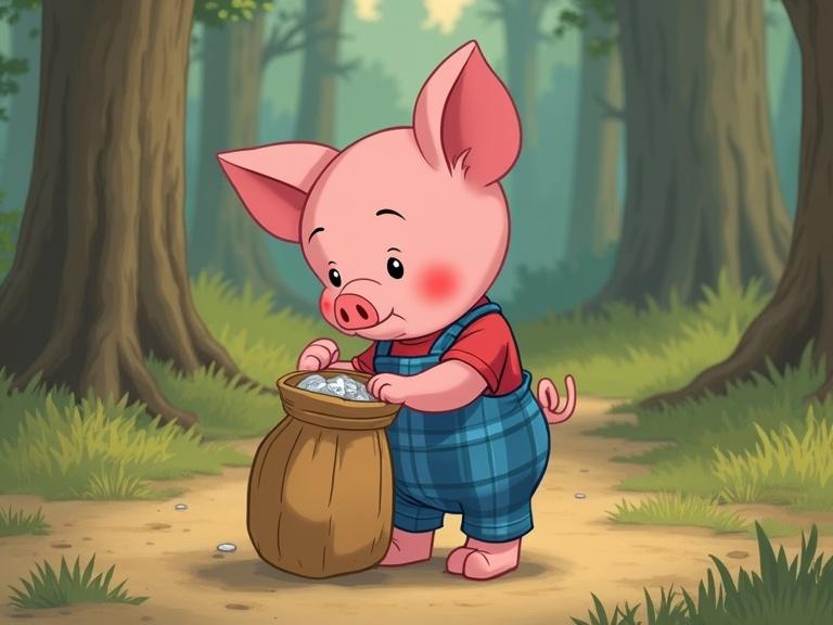 A piglet resembling Piglet from a Soviet cartoon stands in a forest. The piglet has a large head and ears and wears a blue plaid jumpsuit. He looks thoughtfully into a bag held in front of him, expressing a focused demeanor. The soft lines and warm colors create a calm atmosphere reminiscent of Soviet animation.