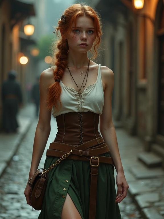 Photorealistic image of a teen girl with auburn hair. She has a sad expression and is walking through a deserted medieval city street at night. The girl wears a sleeveless white top, a brown corset, and a split dull green skirt. She has traveling boots and knee socks, and a cloth satchel at her waist. The focus is on her detailed eyes and slender body.