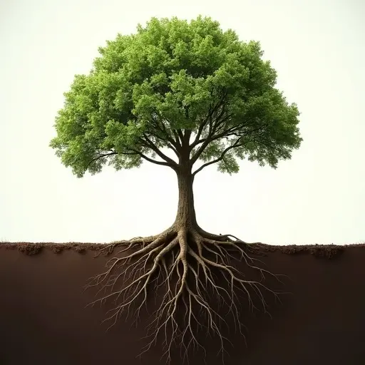 Tree with green leaves and visible roots above soil. Natural setting with emphasis on ecology.