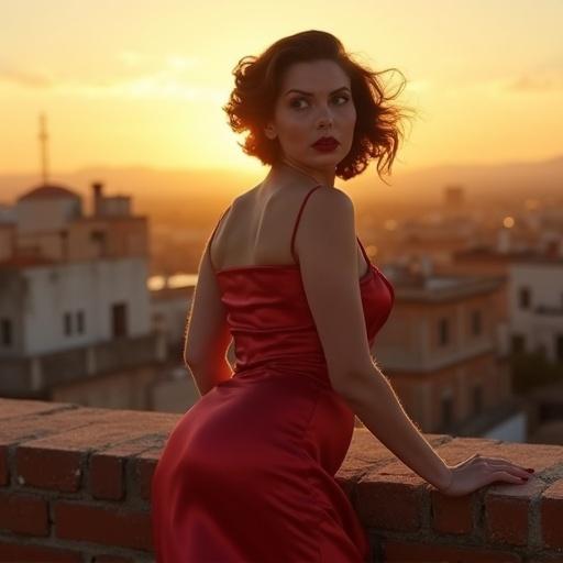 A woman in a red satin dress stands on a rooftop during golden hour. Wind blows the dress around her curves. She leans on a brick wall. Lips are glossy. Eyes are fierce. Body posture conveys tension and heat.