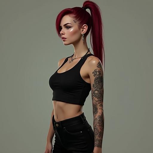 Realistic image of a young fit slim woman with long nose, slick dark red ponytail, eyebrow piercing, arm tattoo, wearing a black tank top and tight pants. Focus on shadows and textures. High resolution HDR.