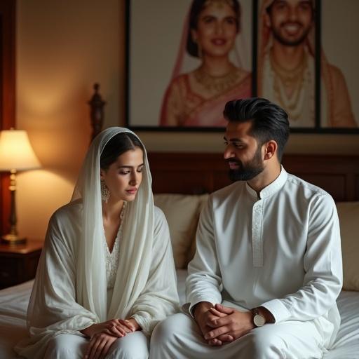 Wealthy couple in luxurious bedroom. Traditional decor with elegant furniture. Wife appears sad in simple Pakistani outfit. Husband offers comfort. Warm lighting enhances the mood. Wedding photo on the wall shows joyful moment. Bride in ornate dress; groom in sherwani. Emotional contrast in attire and expression.