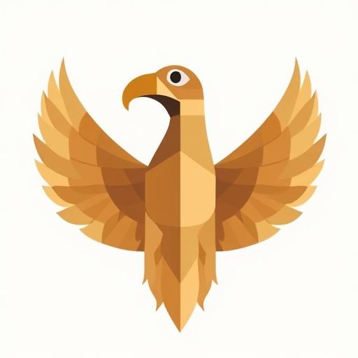Flat geometric design of an Arabian eagle. Features head and wings in Bauhaus style. Head has a curved beak and bold eye. Wings are symmetrical with layered shapes. Uses ochre color on white background.